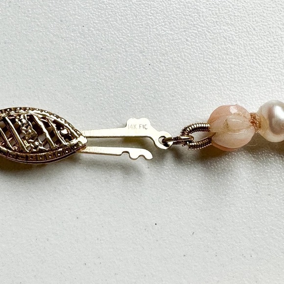 Vintage Graduated Watermelon Carved Angel Skin Coral pearl 14k Necklace 32” L - Picture 6 of 7